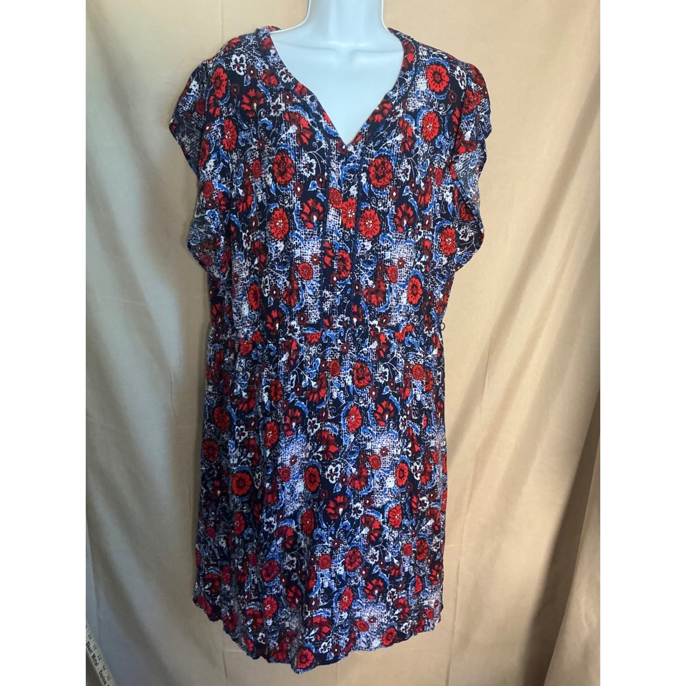 Faded Glory Floral Paisley Dress Womens XXL Blue Red Excellent V-Neck Rayon